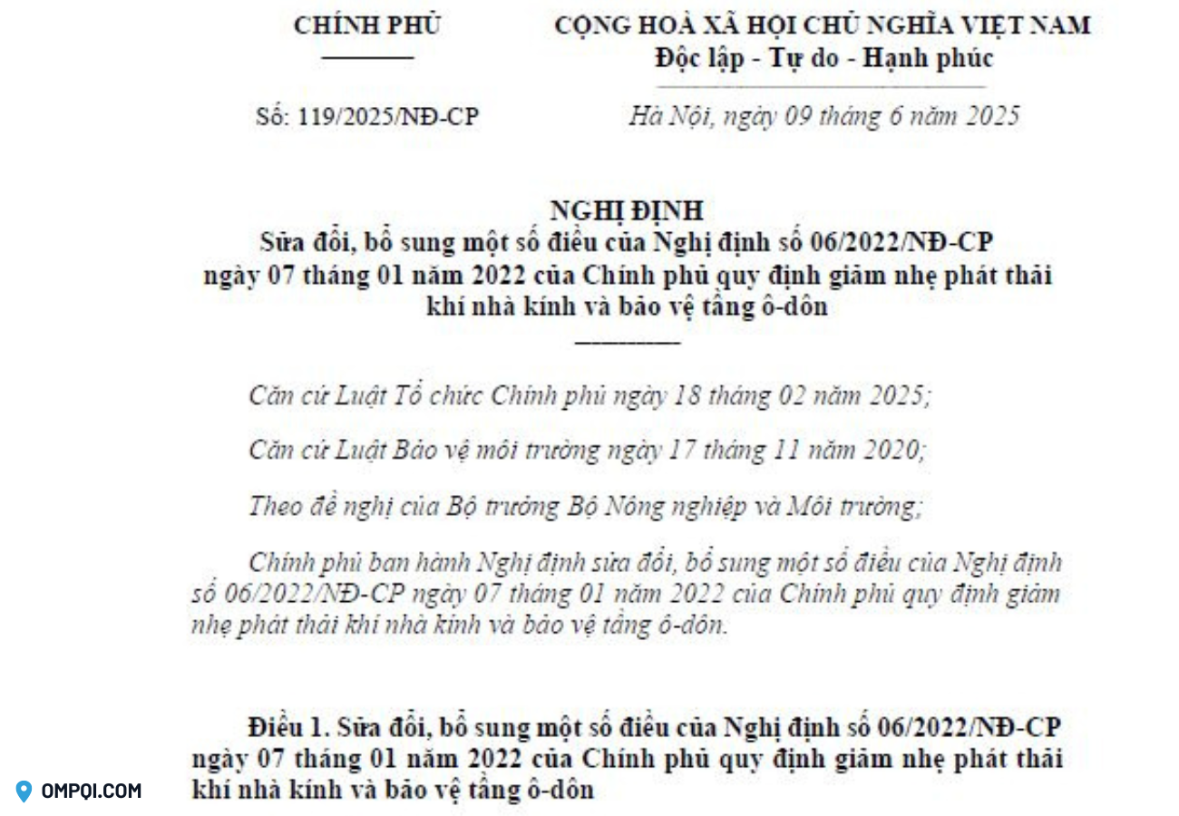 Nghị định 119/2025/NĐ-CP sửa đổi, bổ sung Nghị định 06 quy định giảm nhẹ phát thải khí nhà kính và bảo vệ tầng ô-dôn