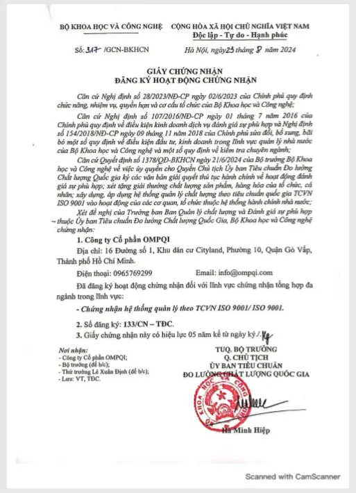 ảnh chứng nhận năng lực cấp chứng nhận iso 9001 của công ty OMPQI